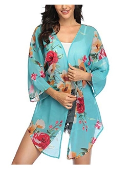 Women's Floral Print Kimonos Loose Tops Half Sleeve Shawl Chiffon Cardigan Blouses Casual Beach Cover Ups