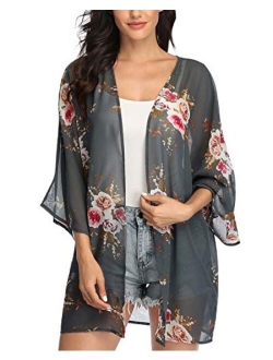 Women's Floral Print Kimonos Loose Tops Half Sleeve Shawl Chiffon Cardigan Blouses Casual Beach Cover Ups