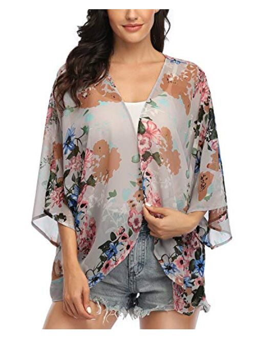 Women's Floral Print Kimonos Loose Tops Half Sleeve Shawl Chiffon Cardigan Blouses Casual Beach Cover Ups