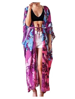 Bestyou Women's Long Kimono Cardigan Chiffon Cover Ups for Swimwear Floral Print Beachwear Maxi Dresses