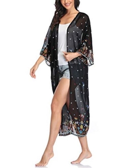 Womens Floral Kimono Cardigans Long Plus Size Swimsuit Cover Ups