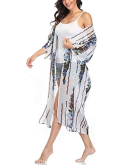 Womens Floral Kimono Cardigans Long Plus Size Swimsuit Cover Ups