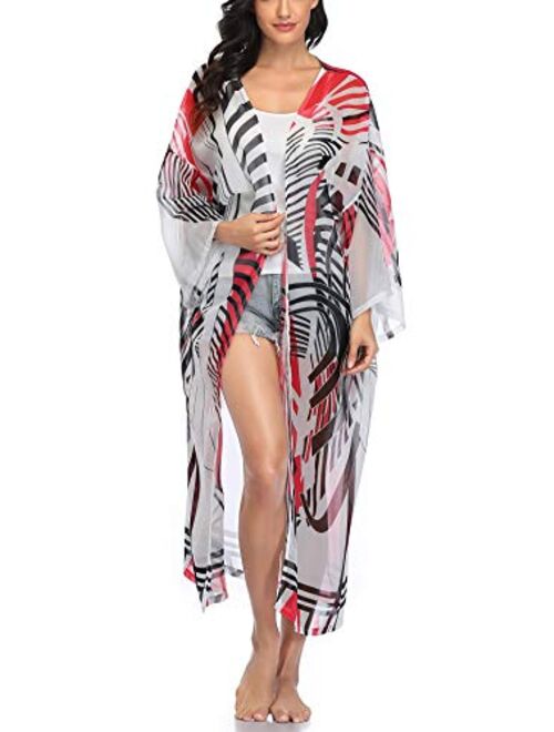 Womens Floral Kimono Cardigans Long Plus Size Swimsuit Cover Ups