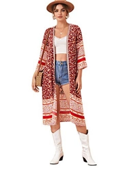 Women Boho Floral Print Embroidery Mesh Beach Cover Up Kimono Swimsuit Coverups Cardigan Robe