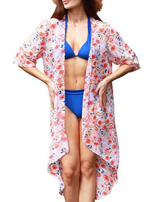 Soul Young Women's Floral Kimono Cardigan Swimsuit Beach Cover up with Open Front Dress Beachwear for Summer