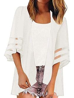 Hibluco Women's Long Sheer Floral Striped Belted Kimono Cardigan Cover up Duster