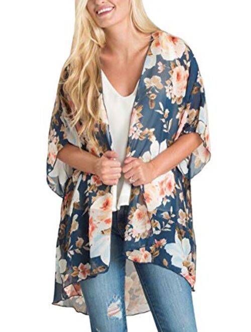 Hibluco Women's Long Sheer Floral Striped Belted Kimono Cardigan Cover up Duster