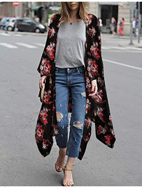 LadyM Womens Floral Print Chiffon Kimono Cardigans Loose Beach Cover Up Puff Sleeve Blouse Tops