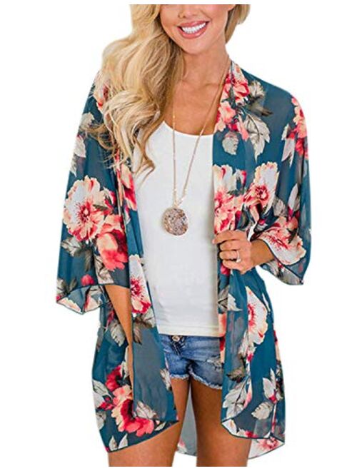 LadyM Womens Floral Print Chiffon Kimono Cardigans Loose Beach Cover Up Puff Sleeve Blouse Tops