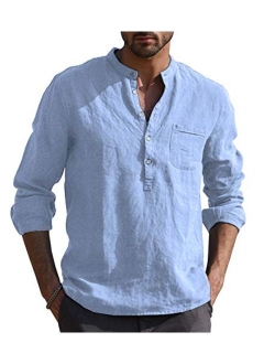 URRU Men's Linen Cotton Blend Henley Shirt Roll-up Long Sleeve Basic Summer Vintage Shirt Band Collar Plain Tee S-XXL