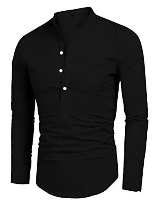 URRU Men's Linen Cotton Blend Henley Shirt Roll-up Long Sleeve Basic Summer Vintage Shirt Band Collar Plain Tee S-XXL