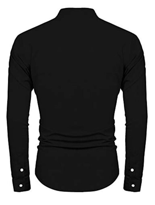 URRU Men's Linen Cotton Blend Henley Shirt Roll-up Long Sleeve Basic Summer Vintage Shirt Band Collar Plain Tee S-XXL