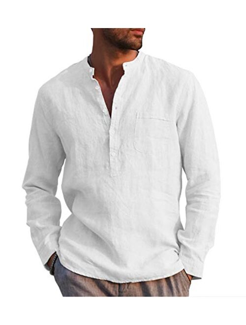 URRU Men's Linen Cotton Blend Henley Shirt Roll-up Long Sleeve Basic Summer Vintage Shirt Band Collar Plain Tee S-XXL