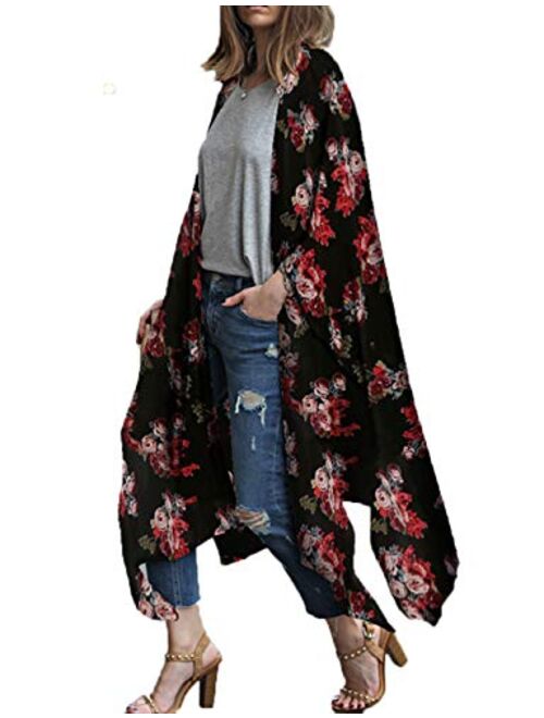 QBSM Women's Flowy Chiffon Rayon Boho Kimono Cardigans, Beach Swimsuit Bathing Suits Swimwear Cover Ups