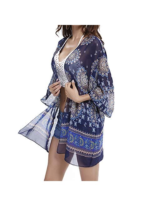 QBSM Women's Flowy Chiffon Rayon Boho Kimono Cardigans, Beach Swimsuit Bathing Suits Swimwear Cover Ups