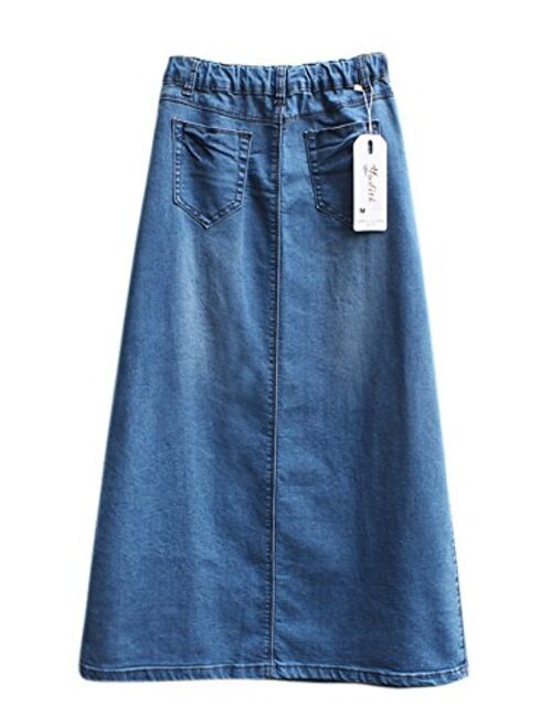 chouyatou Women's Casual Stretch Waist Washed Denim A-line Maxi Skirt