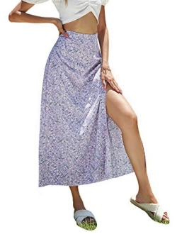 Women's Boho Floral High Waist Split A Line Midi Skirt