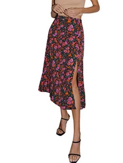 Women's Boho Floral High Waist Split A Line Midi Skirt