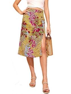 Women's Boho Floral High Waist Split A Line Midi Skirt