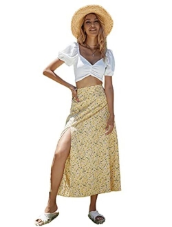 Women's Boho Floral High Waist Split A Line Midi Skirt