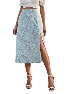 Women's Boho Floral High Waist Split A Line Midi Skirt