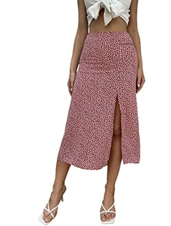 Women's Boho Floral High Waist Split A Line Midi Skirt