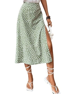 Women's Boho Floral High Waist Split A Line Midi Skirt