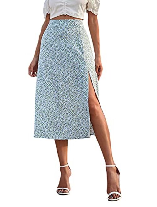 Floerns Women's Boho Floral High Waist Split A Line Midi Skirt