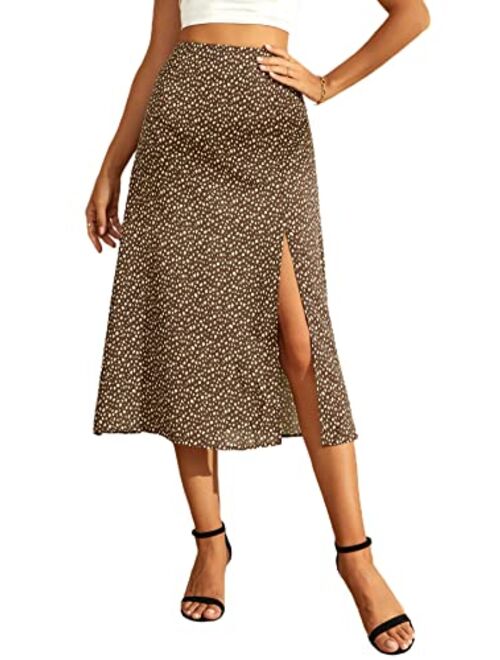 Floerns Women's Boho Floral High Waist Split A Line Midi Skirt