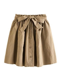 Women's Casual Self Tie Waist Frill Double Pocket Short Skirt