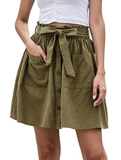 Women's Casual Self Tie Waist Frill Double Pocket Short Skirt