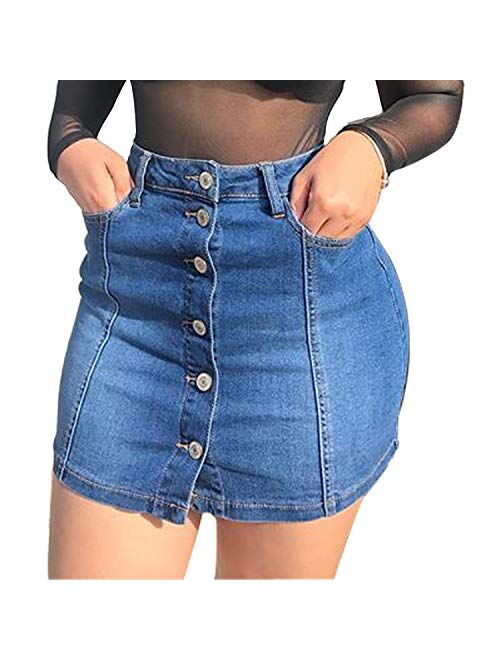 Tulucky Women's Button Down Front Denim Short Skirt with Side Pocket