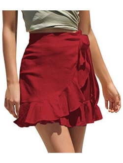 Arjungo Women's Floral High Waist Drawstring Ruffle Flared Boho A-Line Pleated Skater Mini Skirt