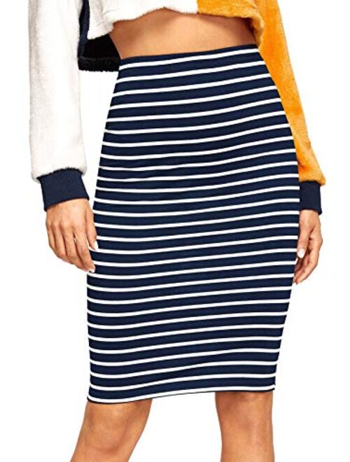 SheIn Women's Striped Knee Length Elastic Waist Bodycon Pencil Skirt