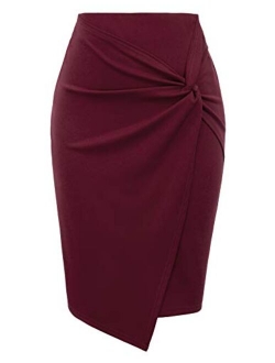 Wear to Work Pencil Skirts for Women Elastic High Waist Wrap Front