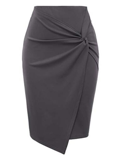 Wear to Work Pencil Skirts for Women Elastic High Waist Wrap Front