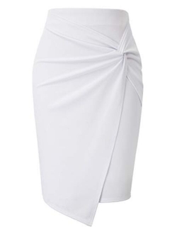 Wear to Work Pencil Skirts for Women Elastic High Waist Wrap Front