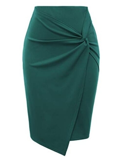 Wear to Work Pencil Skirts for Women Elastic High Waist Wrap Front