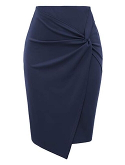 Wear to Work Pencil Skirts for Women Elastic High Waist Wrap Front