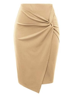 Wear to Work Pencil Skirts for Women Elastic High Waist Wrap Front