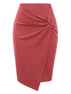 Wear to Work Pencil Skirts for Women Elastic High Waist Wrap Front