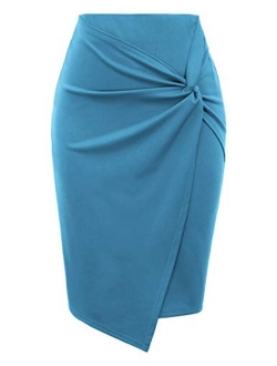 Wear to Work Pencil Skirts for Women Elastic High Waist Wrap Front