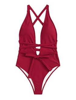 Women's Sexy Basic Criss Cross Tie Knot Front Deep V Open Back One Piece Swimwear