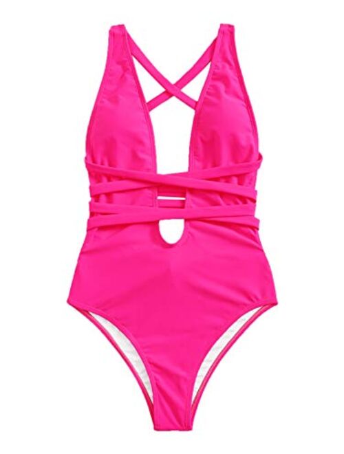 SweatyRocks Women's Sexy Basic Criss Cross Tie Knot Front Deep V Open Back One Piece Swimwear