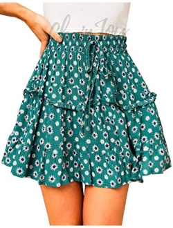 ChainJoy Women's Flared Short Ruffle Skirt Polka Dot Pleated Mini Skater Skirt with Drawstring