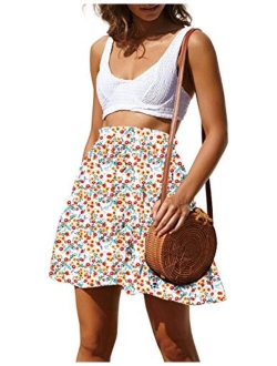 ChainJoy Women's Flared Short Ruffle Skirt Polka Dot Pleated Mini Skater Skirt with Drawstring