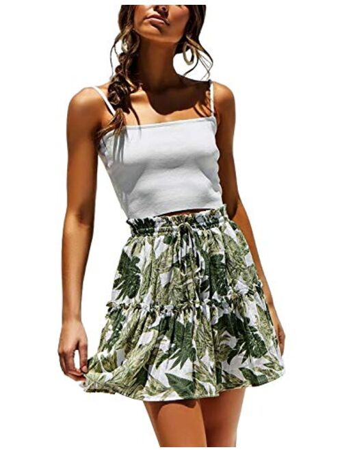 ChainJoy Women's Flared Short Ruffle Skirt Polka Dot Pleated Mini Skater Skirt with Drawstring