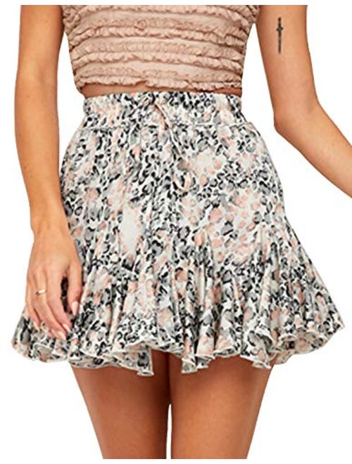 ChainJoy Women's Flared Short Ruffle Skirt Polka Dot Pleated Mini Skater Skirt with Drawstring