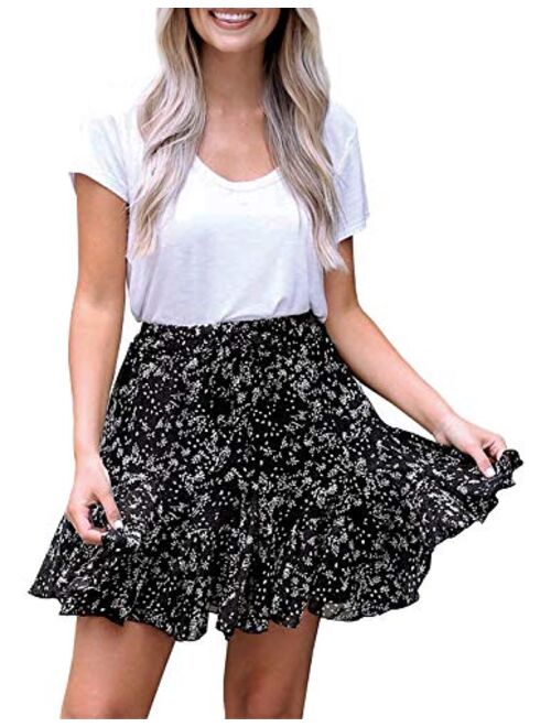 ChainJoy Women's Flared Short Ruffle Skirt Polka Dot Pleated Mini Skater Skirt with Drawstring