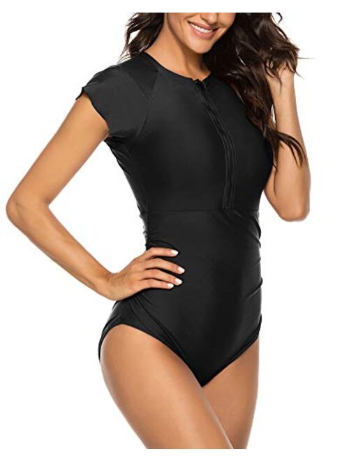 Wolddress Womens Zip Front One Piece Rashguard Surfing Sport Swimsuit Swimwear